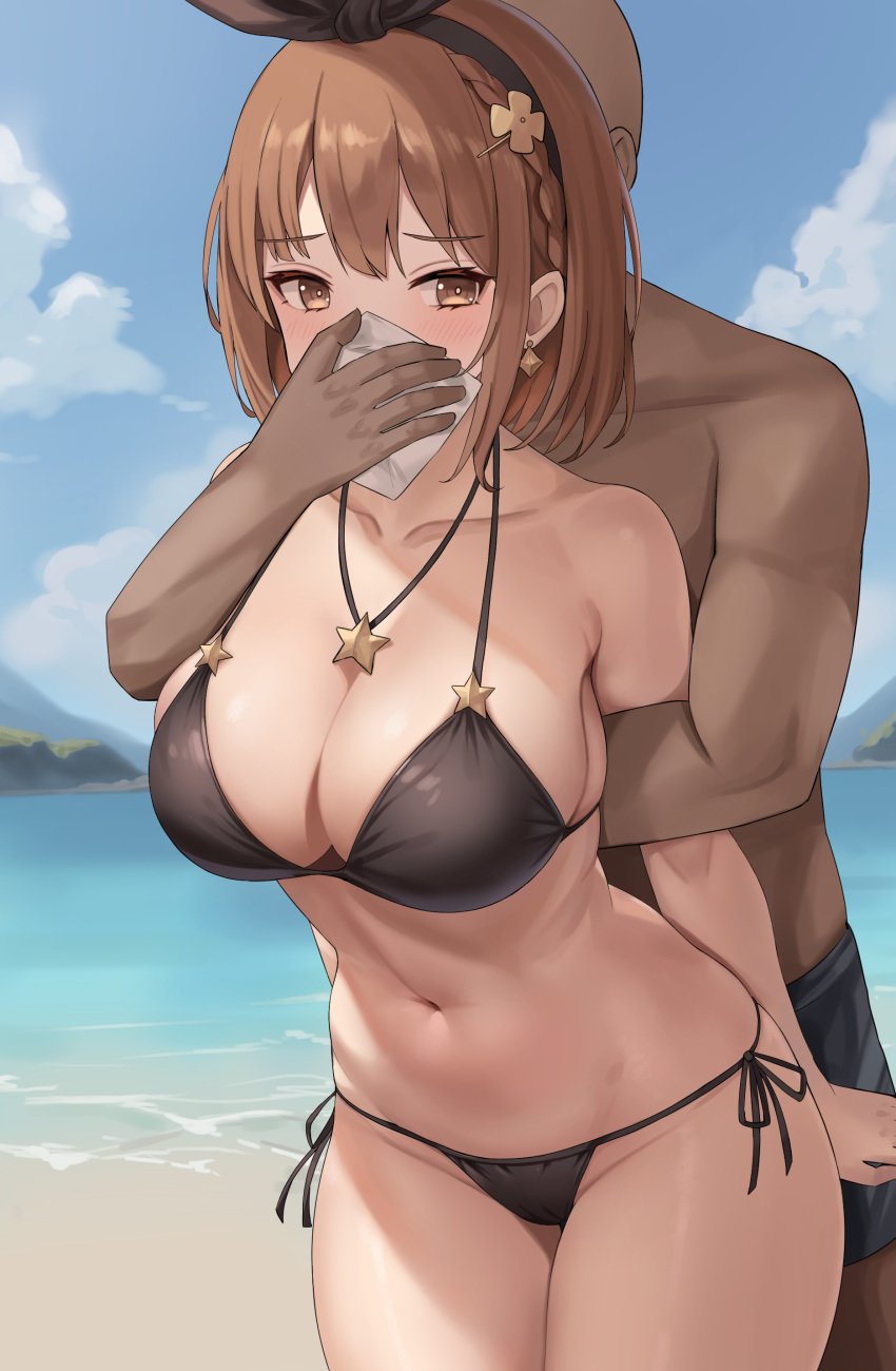 1boy 1girls absurd_res arm_grab atelier_(series) atelier_ryza beach big_breasts bikini black_bikini blush breasts brown_eyes brown_hair chloroform cleavage commentary cowboy_shot dark-skinned_male dark_skin earrings eyebrows_visible_through_hair fit_female gust hair_ornament hand_over_another's_mouth handkerchief headband hi_res imminent_rape kidnapped kidnapping large_breasts light-skinned_female light_skin male matching_hair/eyes medium_hair memmemme molestation nature navel necklace outdoors paid_reward_available reisalin_stout restrained side-tie_bikini sidelocks sky slim_waist standing star straight swimsuit thick_thighs thigh_gap thighs variant variant_set voluptuous voluptuous_female water wide_hips