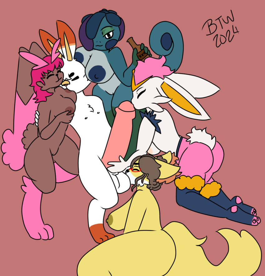 alcohol_bottle anthro anthro_only ball_suck boob_hat breast_fondling breast_play breast_squish breast_sucking breasts btwalexhere cinderace delphox drizzile female fondling generation_4_pokemon generation_6_pokemon generation_8_pokemon group group_sex hand_on_breast hi_res lopunny male male/female nintendo oral orgy pokemon pokemon_(species) scorbunny sex solaris_(btwalexhere) squish sucking tip_kissing