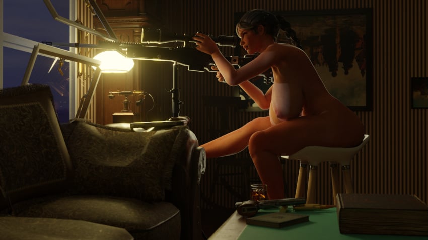 3d angelina_jolie big_breasts casual female firearm high_heels human lara_croft lara_croft_(classic) lara_croft_(survivor) moody night no_panties nude pale_skin rifle sextus400 shameless sitting sniper sniper_rifle stool thick_thighs tomb_raider vintage voyeur weapon