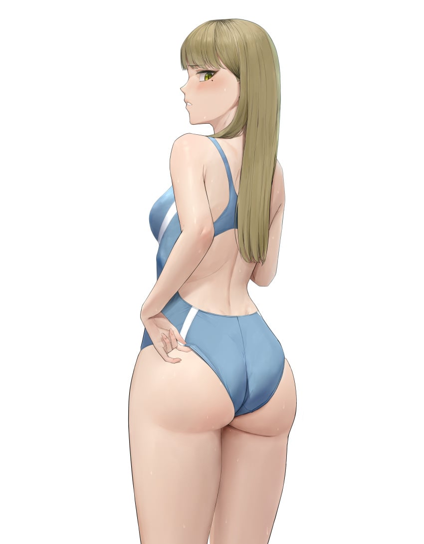 1girls adjusting_swimsuit ano_(gccx8784) ass back blonde_hair blue_one-piece_swimsuit blue_swimsuit breasts competition_swimsuit green_eyes long_hair looking_at_viewer medium_breasts mole mole_under_eye one-piece_swimsuit original swimsuit