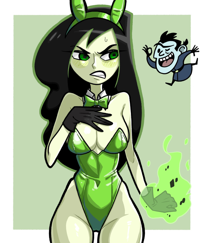 1boy 1girls black_hair blue_body blush bunny_ears bunnysuit cleavage disney disney_channel dr._drakken female female_focus gloves green_eyes green_skin kim_possible long_black_hair long_hair male n___k___m revealing_clothes scar scar_on_face scar_under_eye shego skimpy_clothes sweatdrop villain