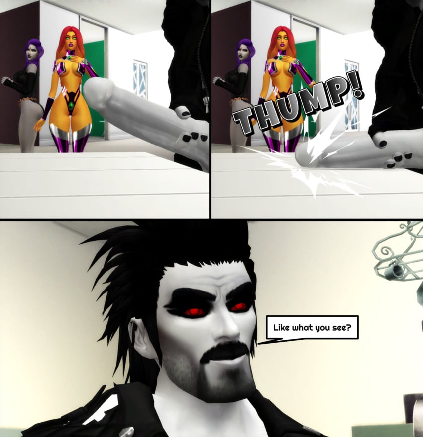 1boy 2girls 3d big_penis dc dc_comics english_text female lobo_(dc) male multiple_girls penis penis_on_table pof3445 raven_(dc) sims4 starfire teen_titans text the_sims_4