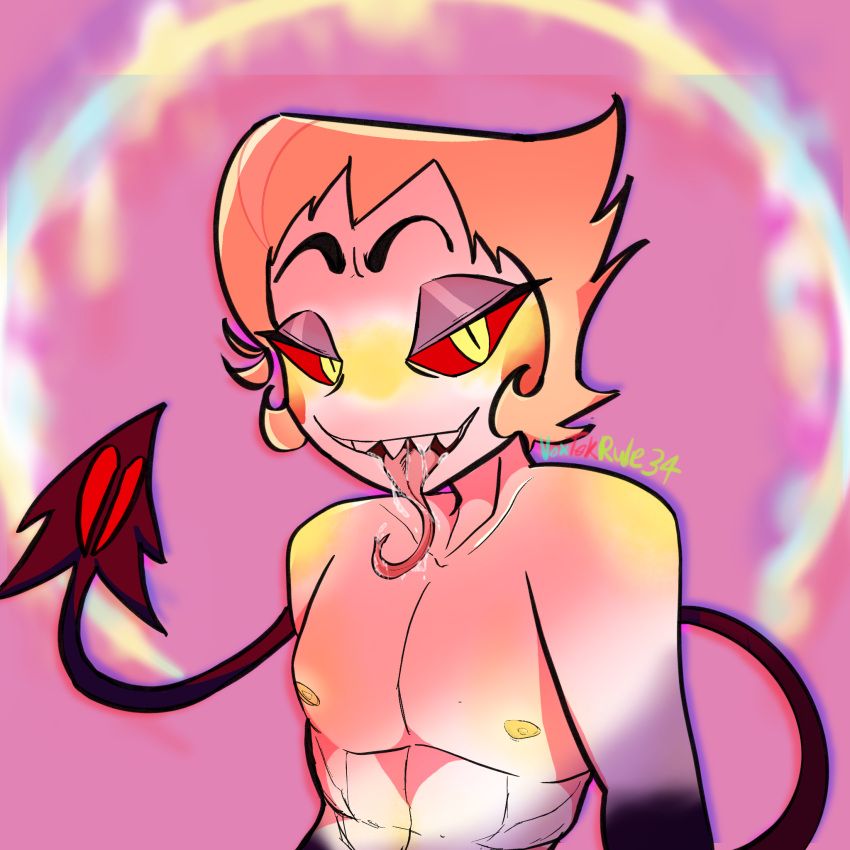 cum_on_tongue hazbin_hotel licking_cum long_tongue lucifer_morningstar_(hazbin_hotel) red_cheeks red_sclera snake_tongue yellow_blush yellow_eyes