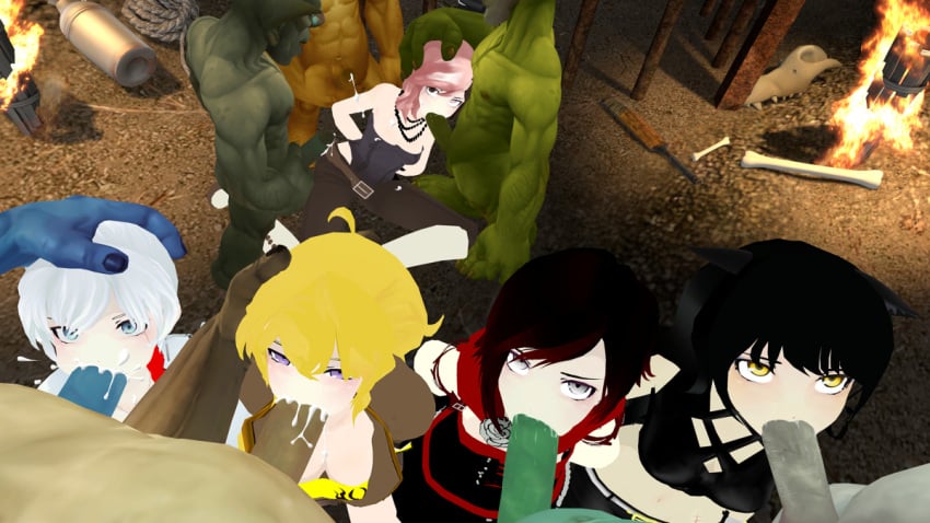 3d blake_belladonna blowjob cum cum_in_mouth cum_inside female goblin goblin_male green_skin human male monster_on_female multiple_boys multiple_girls neo_(rwby) orgy penis rooster_teeth ruby_rose rwby the_clipping weiss_schnee yang_xiao_long