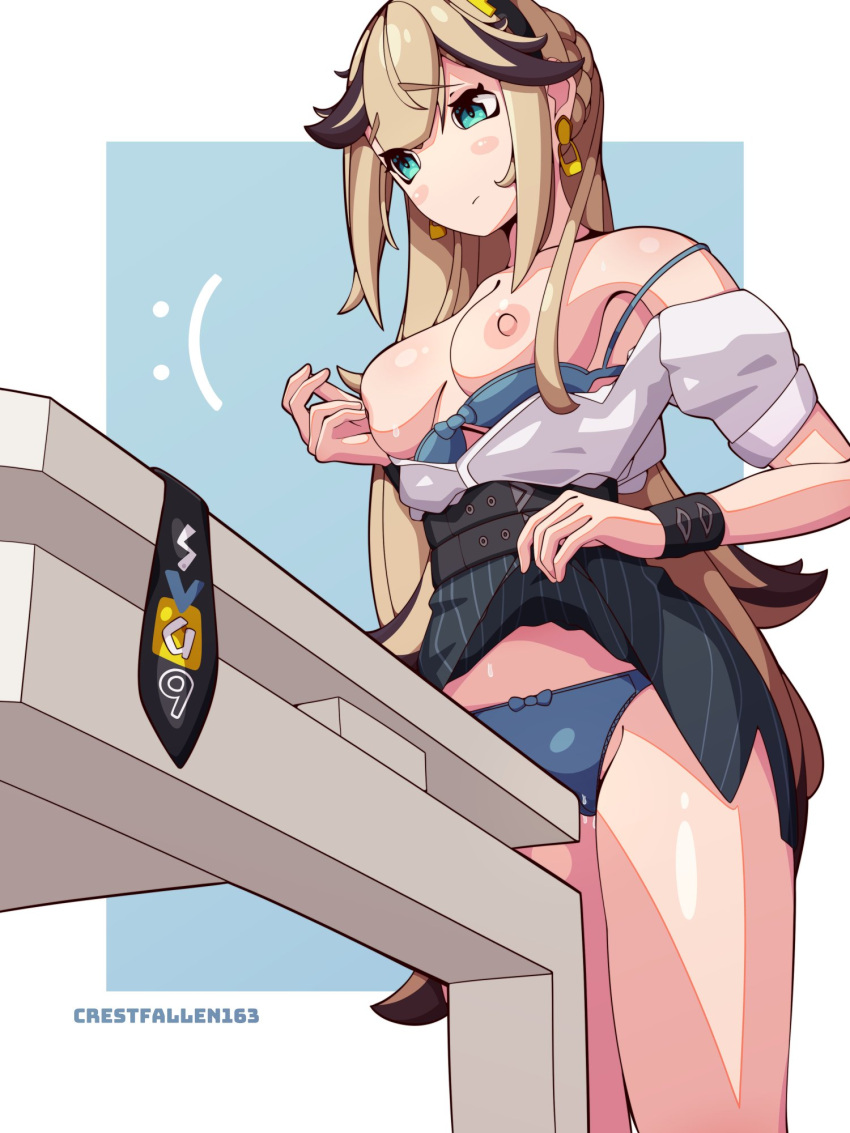 1girls :( alternate_version_available blonde_hair blue_eyes clothes_aside commission crestfallen163 earrings female female_only girls'_frontline long_hair medium_breasts necktie savage_99_(girls'_frontline) self_fondle skirt_lift table table_humping two_tone_hair