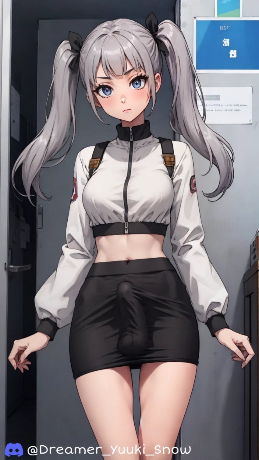 1futa 1futanari ai_generated belly_button black_skirt blue_eyes cropped_jacket erection erection_under_clothes erection_under_pencil_skirt erection_under_skirt futanari hair_ribbon jacket medium_breasts midriff miniskirt navel pencil_skirt short_skirt silver_hair solo solo_futa thigh_gap thighs tight_skirt tube_skirt twintails white_jacket yuuki_snow