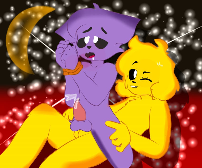 2boys anthro background_sky black_eyes catnap_(poppy_playtime) cumming femboy force furry furry_only gay los_compas mikecrack no_humans poppy_playtime purple_fur smiling_critters stars white_eyes yaoi yellow_fur