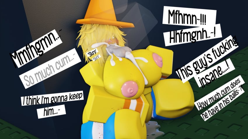 1boy 1girls 3d cum deepthroat dummy_(roblox) english_text illitequoical male ocelot_(illitequoical) original_character roblox robloxian tagme text traffic_cone yellow_body