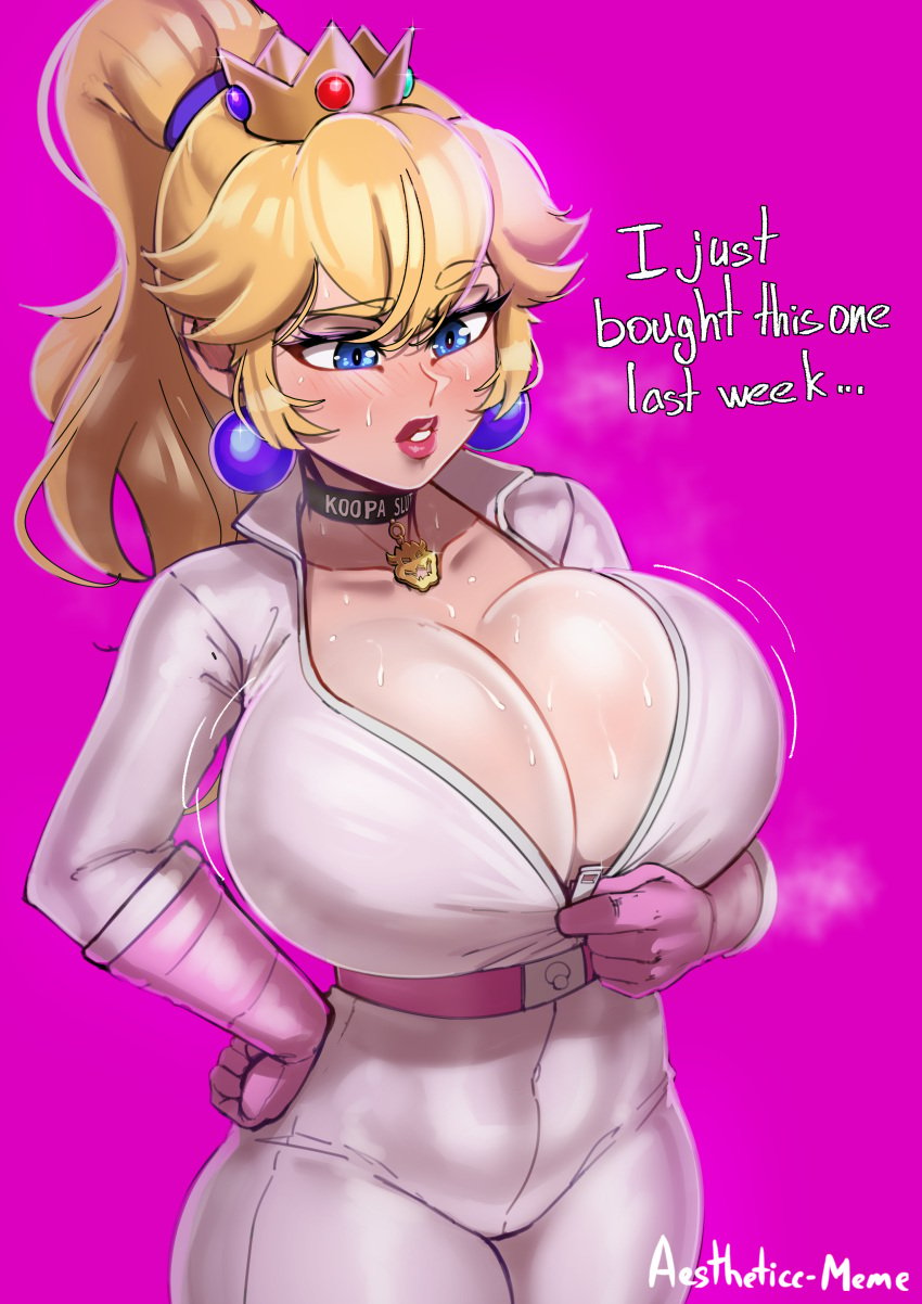 1girls aestheticc-meme barely_contained belt big_breasts biker_peach blonde_hair blue_eyes blush blushing bodysuit bowser_logo breasts bursting_breasts busty choker cleavage clothing collar crown earrings enemy_conversion english_text female female_only handwear huge_breasts human inconvenient_breasts jumpsuit large_breasts mario_(series) mario_kart nintendo pale_skin pendant pendant_choker pink_background ponytail princess_peach royalty simple_background slut_collar solo solo_female standing sweat sweating text tight_clothing tight_fit track_suit undersized_clothes zipper