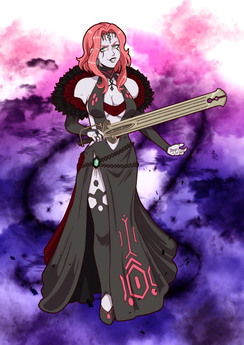 1girls bare_shoulders black_dress breasts card_queen center_opening cleavage cleobulus_(fire_emblem) coral_pink_hair courtesan dress earrings female female_only fire_emblem fire_emblem:_three_houses frills front_view full_body gem_(melangerine) green_eyes grin holding_sword holding_weapon large_breasts long_dress looking_at_viewer nintendo off_shoulder ornate_sword pink_hair red_hair short_hair side_slit sideboob smile solo standing sword underboob vintage_clothing weapon