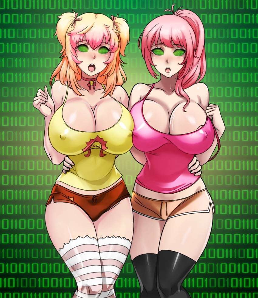 2girls bangs big_breasts binary blonde_hair blush breasts choker cleavage collarbone crush_crush crystal_(lewd-zko) drool erect_nipples erect_nipples_under_clothes female_only femsub huge_breasts hypnosis large_breasts long_hair midriff mind_control minishorts mio_(crush_crush) multicolored_hair multiple_girls multiple_subs nipples open_mouth original pink_hair ponytail sad_panda_studios shinzu031 short_hair short_shorts shorts simple_background standing symbol_in_eyes symmetrical_docking tank_top tech_control thighhighs twintails