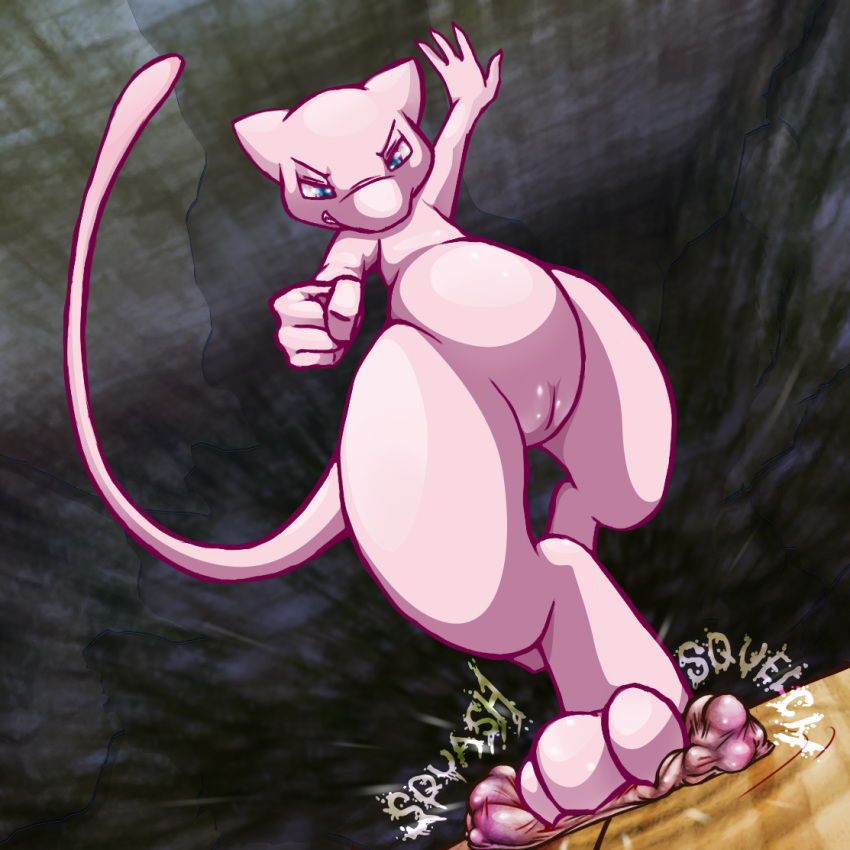 4_fingers anthro barefoot below_view digitigrade fellarts female fur mew nude pink_fur pokemon pokemon_(species) pussy raichu running smooth_skin tagme tail