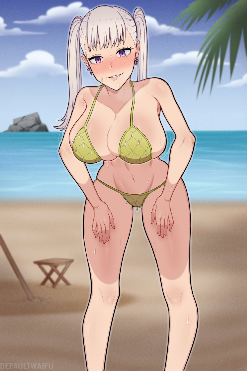 1girls beach big_breasts bikini black_clover blush breasts defaultwaifu hi_res huge_breasts large_breasts looking_at_viewer noelle_silva outdoors purple_eyes silver_hair smile sweat thick_thighs thighs twintails