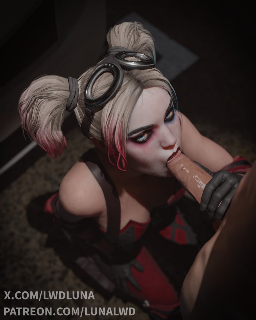 3d batman_(series) blender blowjob blue_eyes completely_naked completely_naked_male completely_nude completely_nude_male dc dc_comics harley_quinn harley_quinn_(injustice) injustice_2 kneeling lwdluna_(artist) oral