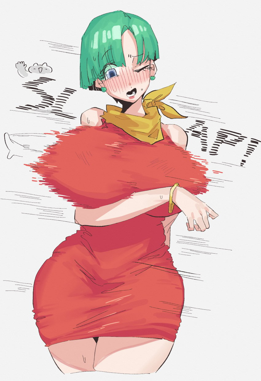 1girls 2d artist_self-insert bandana bandana_on_neck bandanna blue_eyes blush blush_lines blushing bowl_cut bracelet breast_rest breast_slap breasts bulma_briefs bulma_briefs_(majin_buu_saga) dragon_ball earrings english english_text female fully_clothed green_earrings green_hair holding_breast large_breasts leebongchun mature mature_female milf motion_lines no_penetration one_eye_closed open_mouth pearl_earrings red_dress shocked shocked_expression short_hair skin_tight skindentation slapped slapping_belly solo solo_female speed_lines suprised suprised_look sweat sweatdrop text tight_clothing tight_dress yellow_bandana yellow_bandanna yellow_bracelet