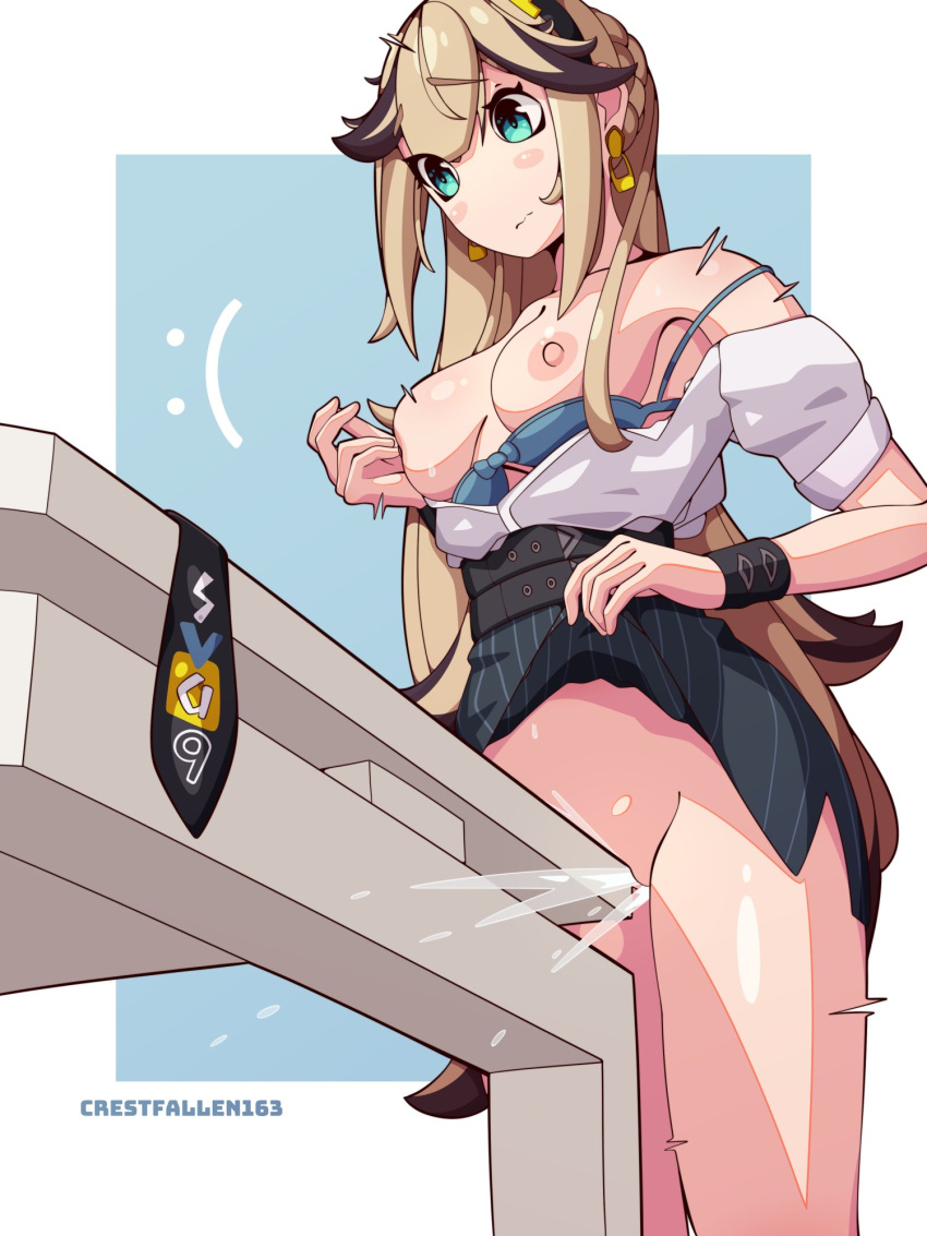 1girls :( alternate_version_available blonde_hair blue_eyes clothes_aside commission crestfallen163 female female_only girls'_frontline long_hair medium_breasts necktie no_panties savage_99_(girls'_frontline) self_fondle skirt_lift squirting table table_humping two_tone_hair