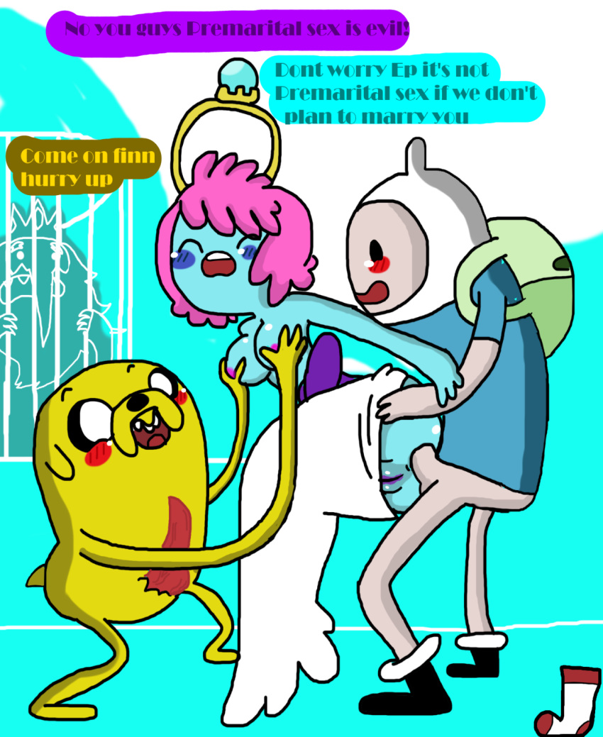 1girls 3boys adventure_time anal anal_penetration anal_sex backpack bag bear_hood beard blonde_hair blue_blush blue_shirt blue_skin blush bottomless_male breast_grab canine_penis cartoon_network closed_eyes clothed_sex crown dress_pull engagement_ring engagement_ring_princess english_text erection female finn_the_human full_body functionally_nude_female green_backpack hetero hetero_sex heterosexual_threesome human ice_king interspecies interspecies_sex jake_the_dog king long_nose male mmf_threesome multiple_penises no_nose old_man pale_skin pink_hair pointy_nose prison_cell purple_bow purple_labia_minora pussy short_hair sock_(artist) speech_bubble standing straight t-shirt tearing_up uncensored watching_sex white_dress