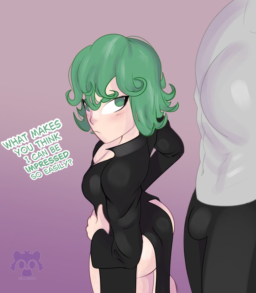 1boy 1girls anon big_ass big_butt dialogue english_text evil_raccoon female green_eyes green_hair male one-punch_man pale_skin petite short_hair size_difference small_breasts tatsumaki text thick_ass white_body