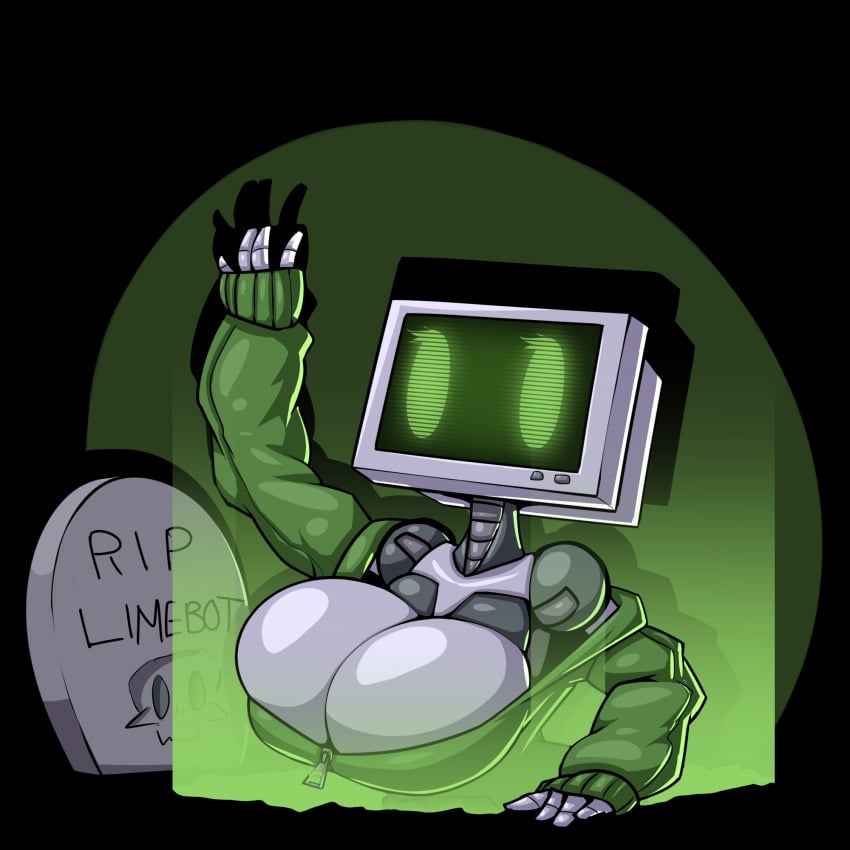 2d cleavage female grave humanoid large_breasts limebot limebreaker original_character robot robot_girl robot_humanoid screen_face sweater