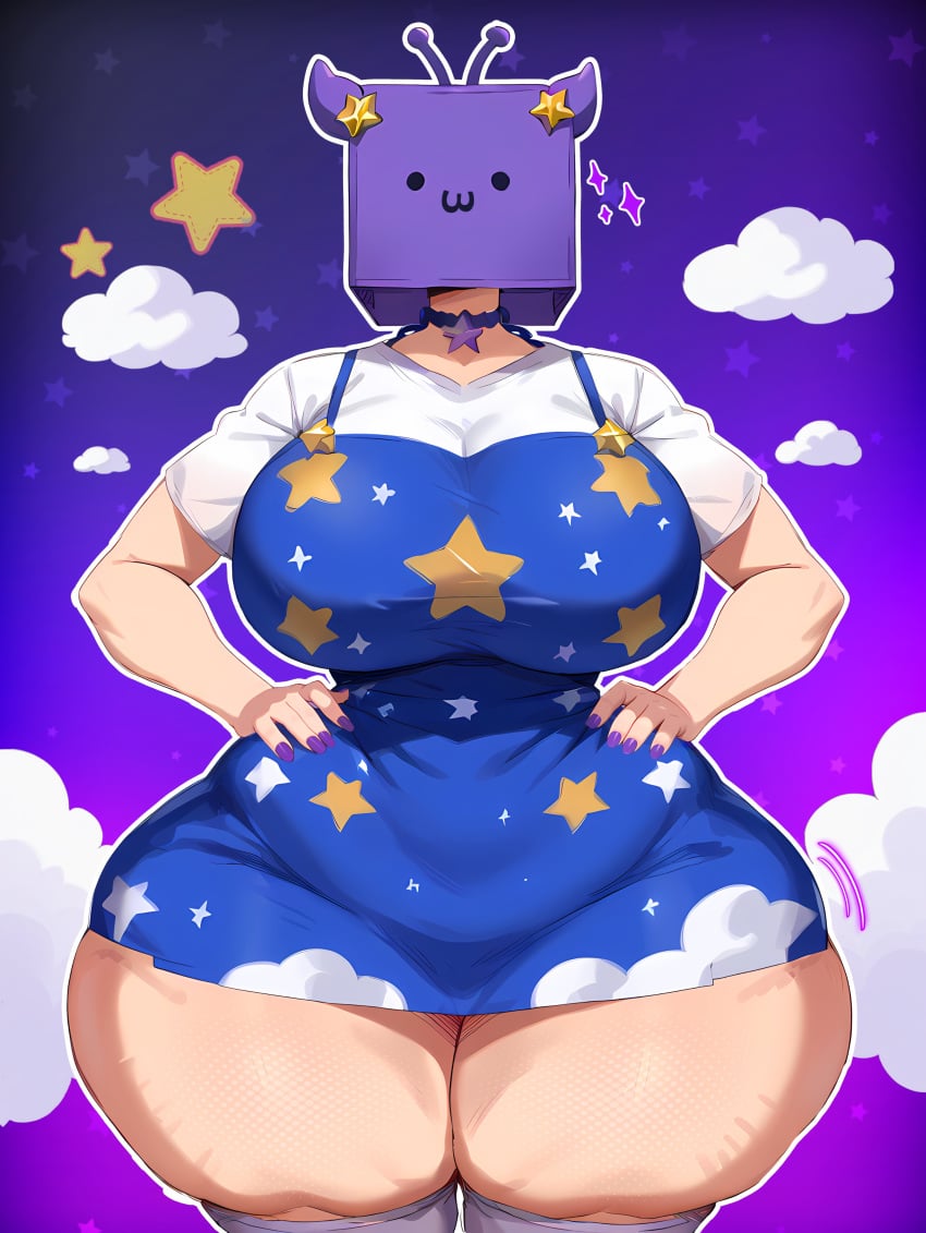 1girls ai_generated big_breasts box_on_head chubby clouds female female_only memch0 nimu tagme tagme_(character) twitter_link wide_hips