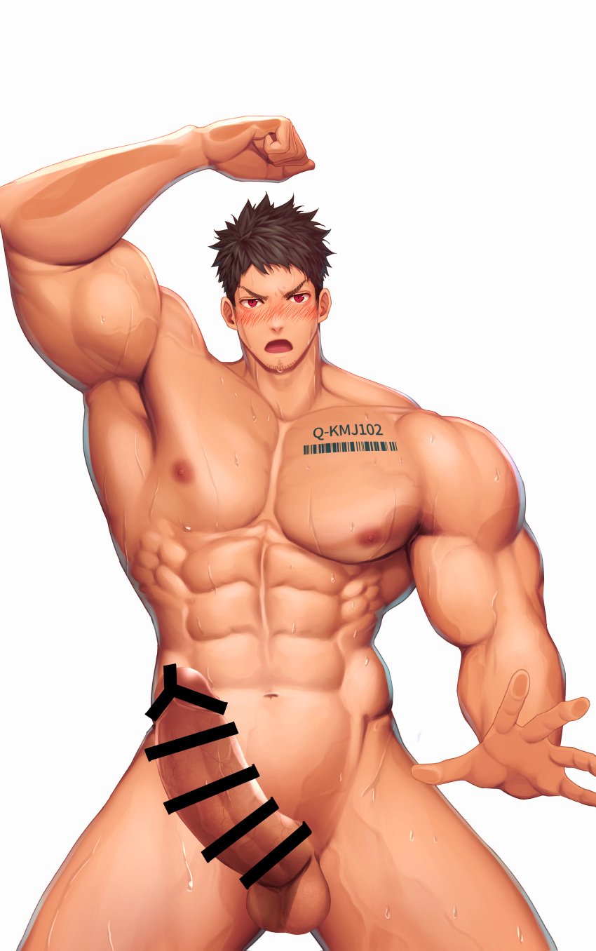 1boy abs angry armpits arms_up balls bara barcode barcode_tattoo beard_stubble biceps big_chest black_hair blush censor_bar censored censored_penis frown gay hand_on_glass hi_res looking_at_viewer male male_only meisho_hanten muscles muscular muscular_arms muscular_legs muscular_male muscular_thighs open_mouth original original_character pecs red_eyes short_hair six_pack sweat sweatdrop sweating sweaty tattoo text thick_arms vein white_background wide_shoulders