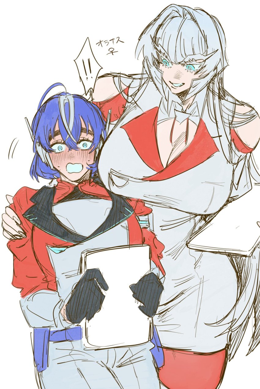 2girls belt big_breasts blue_eyes blue_hair blush boob_window breast_window busty clothed clothes clothing coat decepticon female female_only genderswap_(mtf) huge_breasts humanformers humanized large_breasts larger_female long_hair megatron multiple_girls nervous orion_pax po112_g rule_63 short_hair shorter_female skirt smaller_female taller_female thight_clothing transformers transformers_prime white_hair yuri