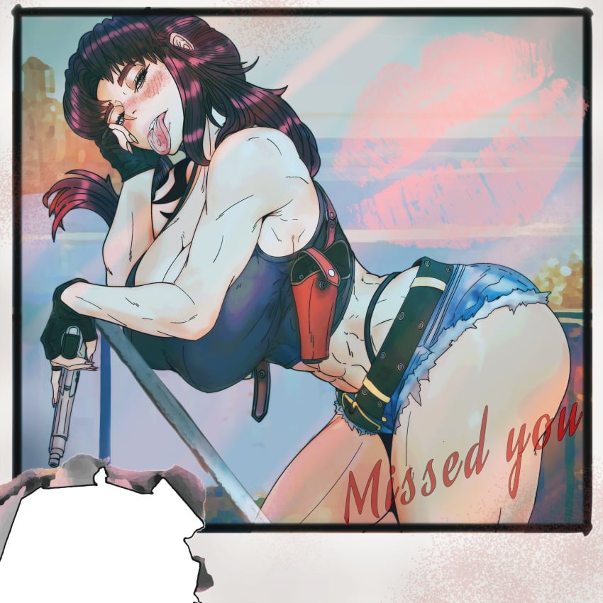 1girls abs belt big_breasts black_lagoon black_lagoon_heroines blush female female_only fully_clothed gun holding_face holster human kiss_mark master_dcj mdcj77 muscles muscular_female no_visible_genitalia panties photo red_hair revy side_view solo tongue tongue_out