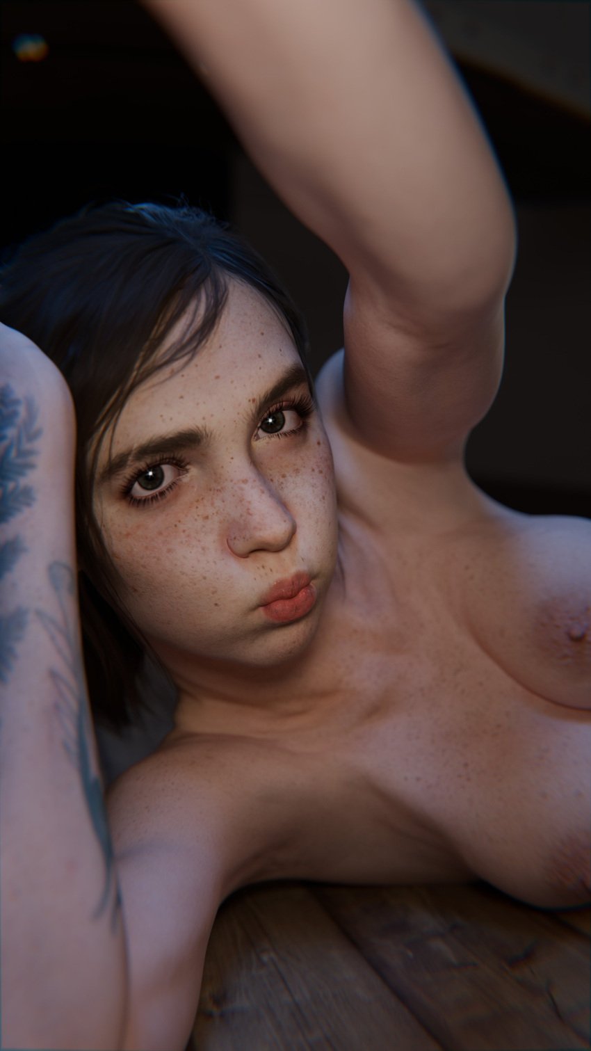 1girls 3d arm_tattoo breasts brown_eyes brown_hair ellie_(the_last_of_us) ellie_williams female female_only freckles human irmrenders light-skinned_female light_skin looking_at_viewers nude selfie selfie_pose solo tagme tattoo the_last_of_us the_last_of_us_2