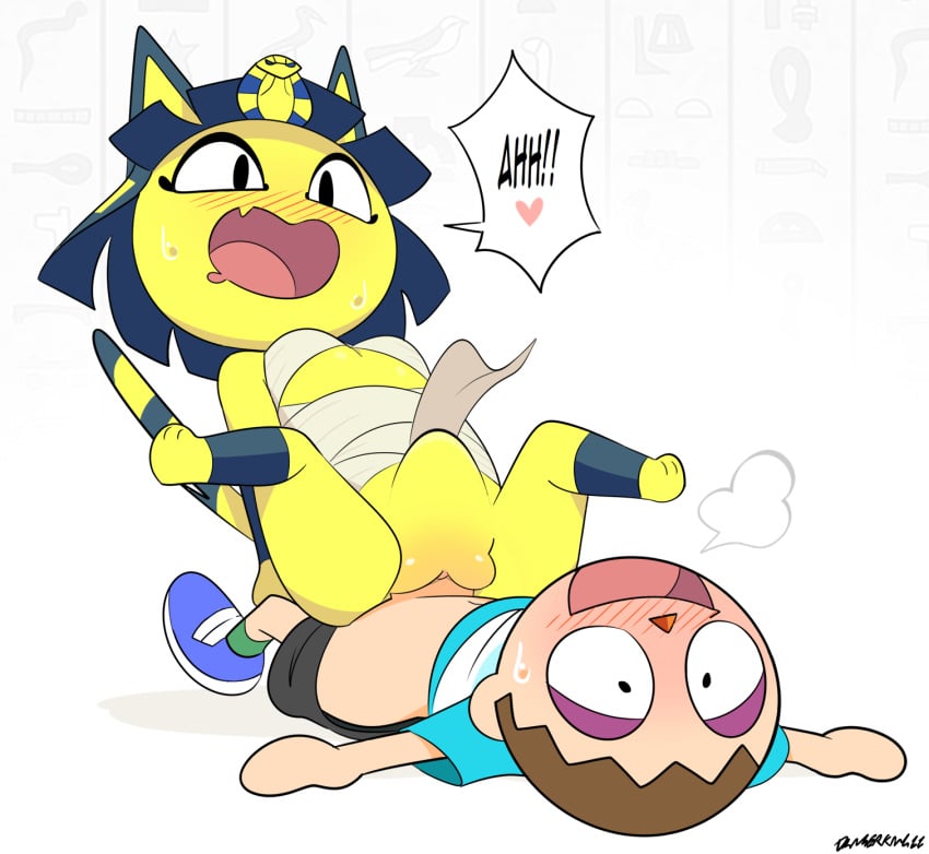 animal_crossing ankha ankha_(animal_crossing) anthro blush bodily_fluids breath breath_cloud dangerking11 domestic_cat drooling duo egyptian felid feline felis female female_anthro happy happy_sex heart_symbol hi_res human legs_up looking_pleasured male male_human mammal nintendo open_mouth penis_in_pussy pussy saliva sex speech_bubble stomach_bulge sweatdrop vaginal_penetration villager_(animal_crossing)