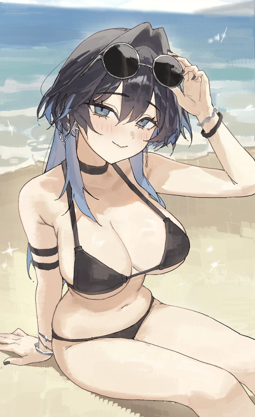 1girls absurdres arch_05x bare_shoulders beach bikini black_hair blue_hair bracelet breasts cleavage eyewear_on_head glasses hair_intakes highres hololive hololive_english jewelry large_breasts light_smile long_hair looking_at_viewer multicolored_hair ouro_kronii stomach sunglasses swimsuit virtual_youtuber