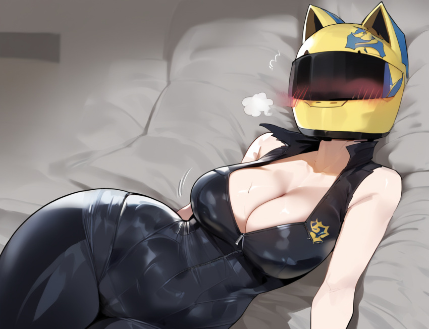 ai_generated big_breasts biker biker_girl bodysuit breasts celty_sturluson cleavage durarara!! girl helmet hi_res high_resolution highres hollowbeak huge_breasts light-skinned_female no_face ripped_clothing skin_tight skintight skintight_bodysuit tagme