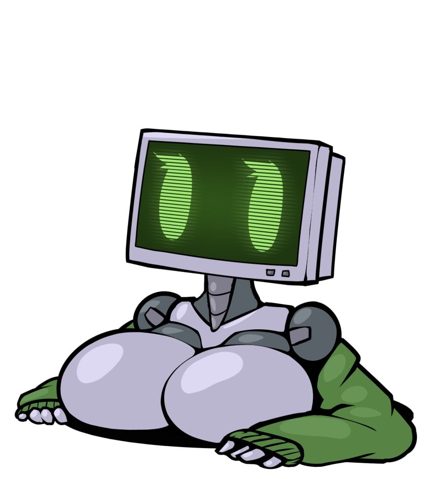 2d cleavage female humanoid large_breasts limebot limebreaker no_bra original_character robot robot_girl robot_humanoid screen_face sweater topless