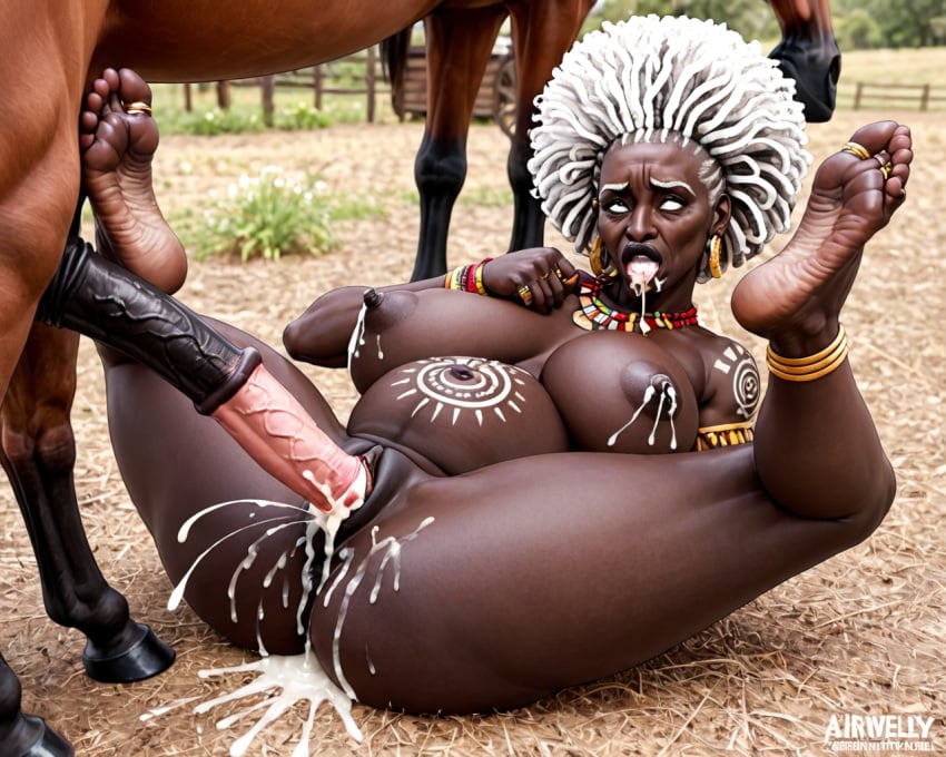 african african_female ai_generated belly_bulge cum cum_in_mouth cum_in_pussy cum_inside cum_on_body cumflation cumshot dark-skinned_female dark_skin farm farmer feet female female_focus female_only feral_on_female gilf goblin_feet gold_jewelry gold_toering horse horsecock inflation lactating lactation old old_woman pussy pussy_juice_drip tattoo tribal wagon white_hair zoophilia