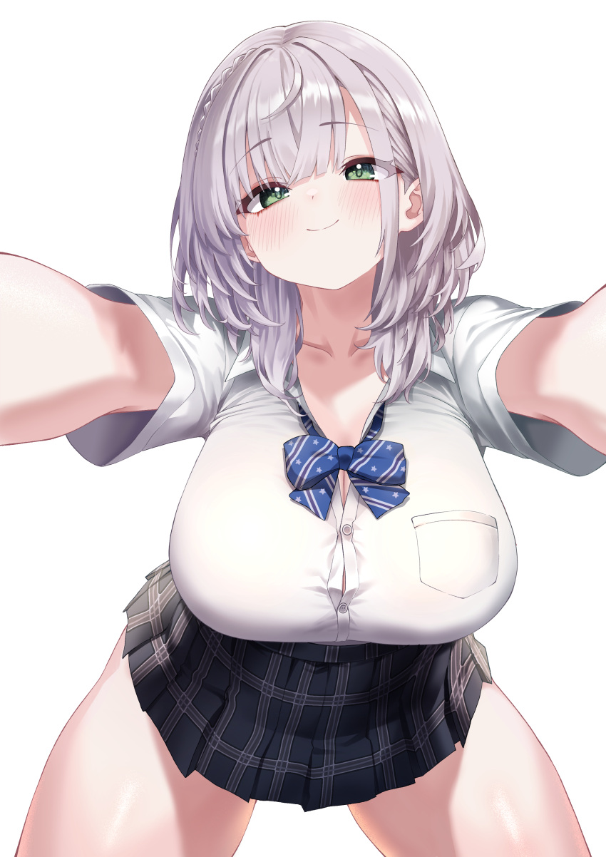 absurdres black_skirt blue_bow blue_bowtie blush bow bowtie breast_pocket breasts closed_mouth female gyoza_(pixiv17855879) highres hololive hololive_fantasy hololive_japan large_breasts looking_at_viewer outstretched_arms paid_reward_available plaid_clothes plaid_skirt pleated_skirt pocket school_uniform shirogane_noel shirt short_hair short_sleeves simple_background skirt smile solo thighs virtual_youtuber white_background white_shirt