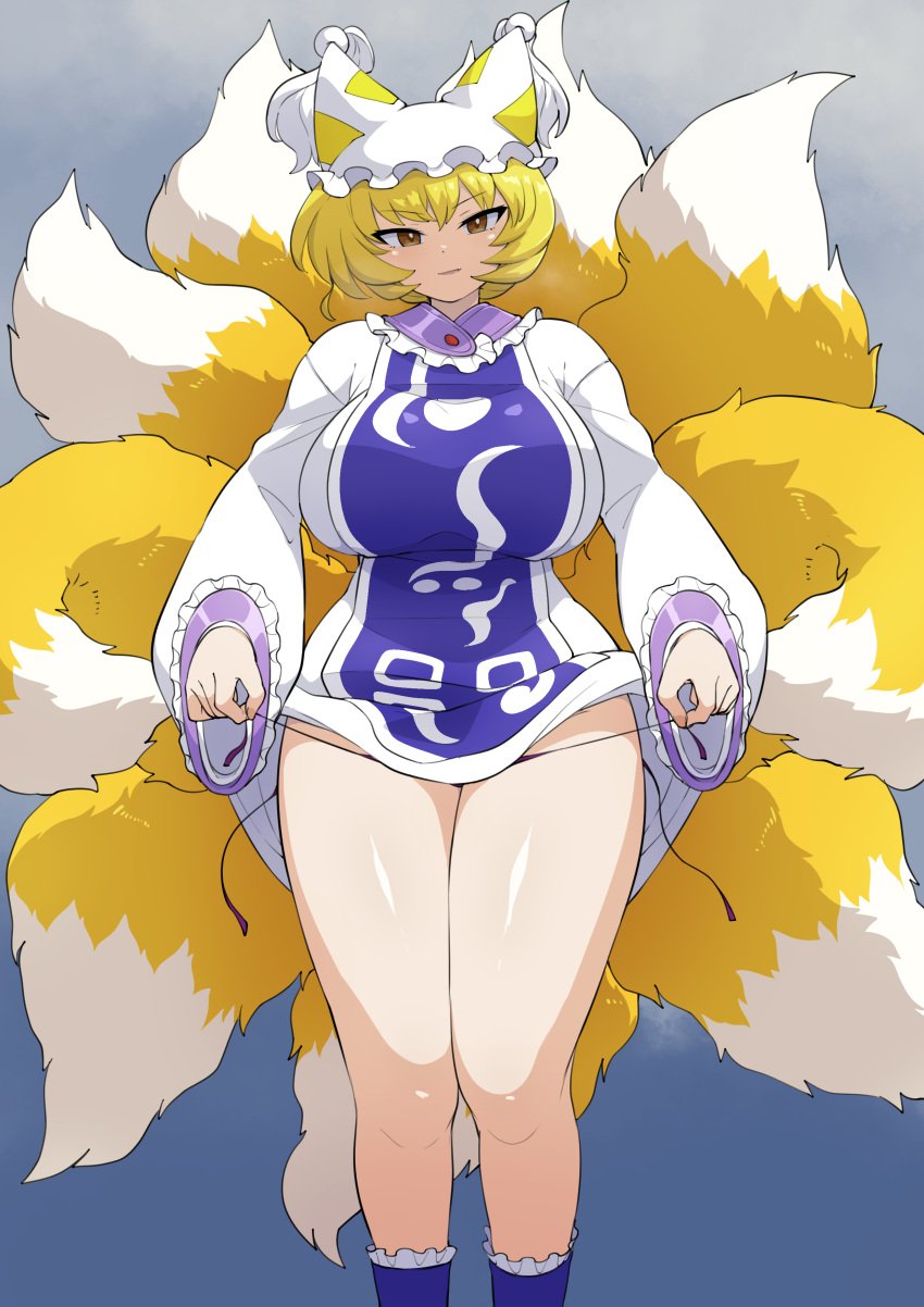 1girls absurdres animal_ears blonde_hair blue_background bonobo_(odenokaz) breasts clothes_lift dress dress_lift facing_viewer female fox_ears fox_girl fox_tail grin hat highres large_breasts looking_at_viewer mob_cap panties ran_yakumo side-tie_panties smile solo tail thick_thighs thighs touhou underwear undressing untying wide_hips yakumo_ran