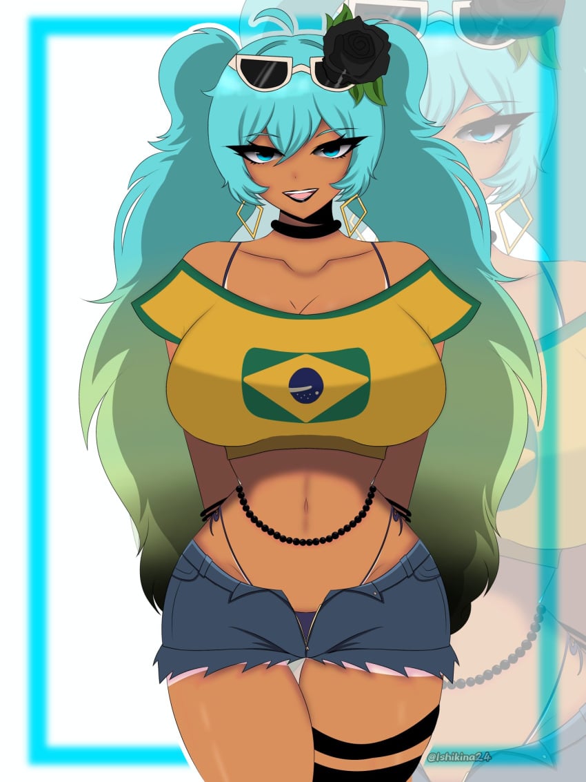 1girls ass big_ass big_breasts big_thighs brazil brazilian brazilian_female brazilian_miku breasts butt cyan_eyes cyan_hair female female_only hatsune_miku huge_ass huge_breasts huge_thighs ishikina24 latin_american_hatsune_miku_(meme) long_hair looking_at_viewer shirt shorts solo tagme tan tan_body thick_hips thick_thighs thighs thong twintails vocaloid yellow_shirt