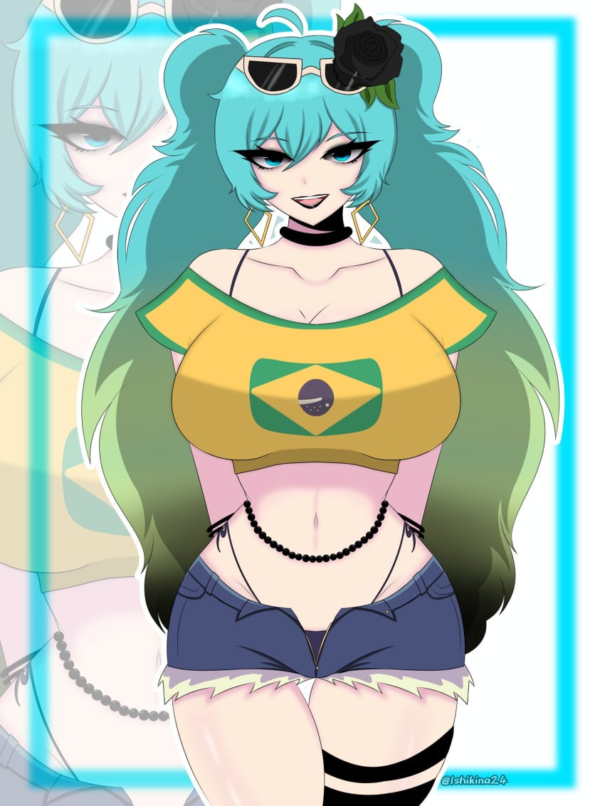 1girls ass big_ass big_breasts big_thighs brazil brazilian brazilian_female brazilian_miku breasts butt cyan_eyes cyan_hair female female_only goth goth_girl gothic hatsune_miku huge_ass huge_breasts huge_thighs ishikina24 latin_american_hatsune_miku_(meme) long_hair looking_at_viewer pale-skinned_female pale_skin shirt shorts solo tagme thick_hips thick_thighs thighs thong twintails vocaloid yellow_shirt