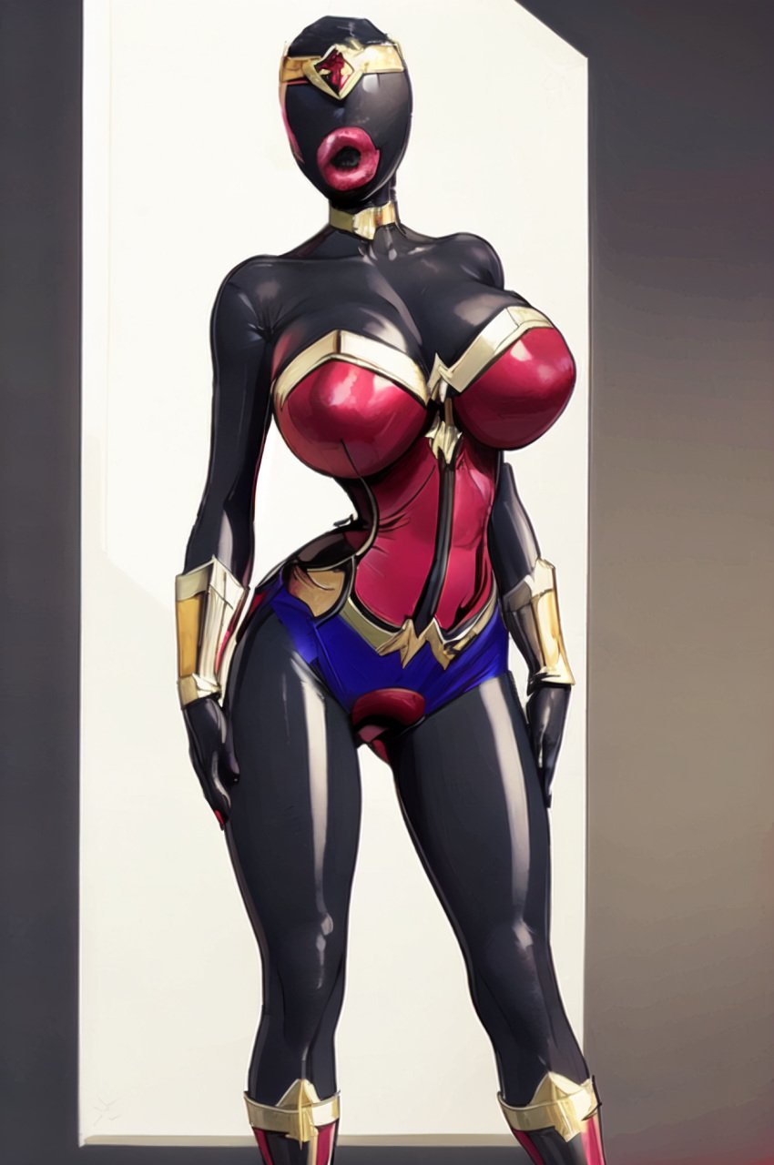 1girls ai_generated big_lips_no_eyes bodysuit boots bracers choker drone droneification evelyn_hightower eyeless eyeless_female large_breasts latex open_mouth pink_lips solo solo_female standing thick_lips tiara wonder_woman