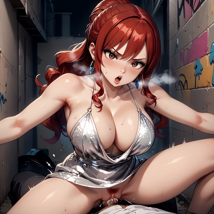 ahe_gao ai_generated alley chignon cum_in_pussy drill_hair earrings elegant erza_scarlet fairy_tail gown graffiti large_breasts makeup payop revealing_clothes street vaginal_penetration vaginal_sex