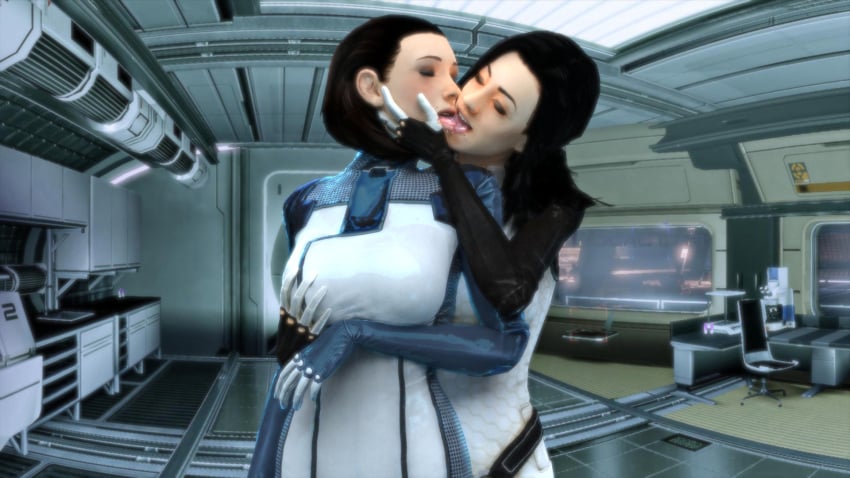 2girls 3d andreygovno breast_grab breasts eva_core female female_only kissing mass_effect mass_effect_3 miranda_lawson multiple_girls source_filmmaker tongue yuri