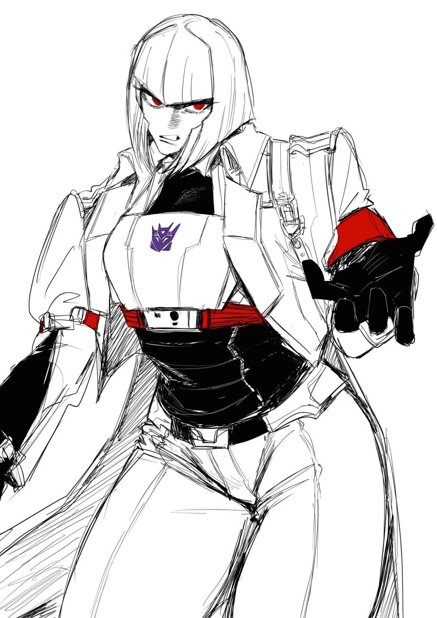 1girls belt breast_plate clothed clothes clothing coat decepticon female female_only genderswap_(mtf) humanformers humanized megatron non-nude po112_g red_eyes rule_63 short_hair solo thight_clothing transformers transformers_one villain villainess white_hair