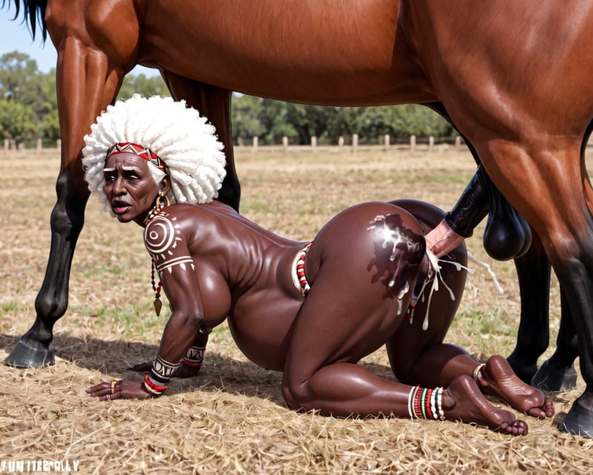 african african_female ai_generated cervix cervix_penetration cum cum_in_pussy cumflated_belly cumflation dark-skinned_female feet feral_on_female gilf goblin_feet horse horsecock inflation old old_woman tribal x-ray zoophilia