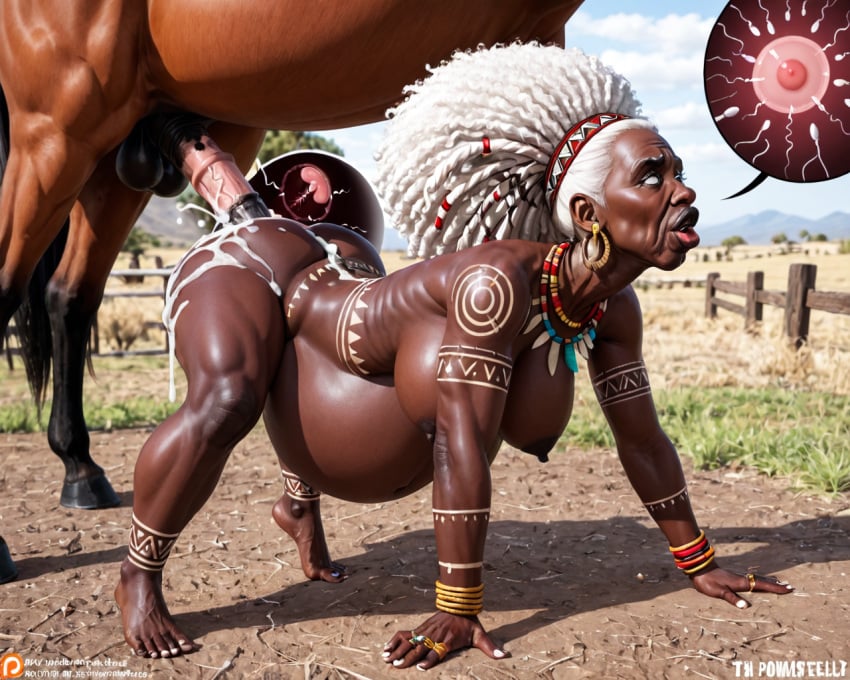 african african_female ai_generated cervix cervix_penetration cum cum_in_pussy cumflated_belly cumflation dark-skinned_female feet feral_on_female gilf goblin_feet horse horsecock impregnation inflation old old_woman tribal x-ray zoophilia