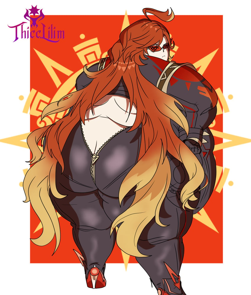 1girls ass ass_focus bbw big_ass breasts chubby chubby_female fat fat_belly fat_female fat_girl fat_woman female female_only female_penetrated genshin_impact glasses glasses_on_head hoyoverse light-skinned_female light_skin looking_back mavuika_(genshin_impact) mihoyo mihoyo_technology_(shanghai)_co._ltd. obese obese_female overweight overweight_female red_hair solo ssbbw standing thicclilim thick_legs thick_thighs zipper zipper_down