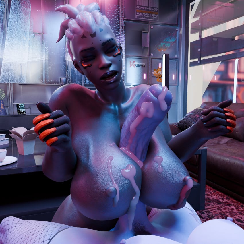 1futa 3d african african_female big_breasts big_penis boobjob cum cum_on_breasts dark-skinned_female female futanari gilf lacoux3d nyl_widowmaker overwatch overwatch_2 sojourn_(overwatch) white_hair widowmaker