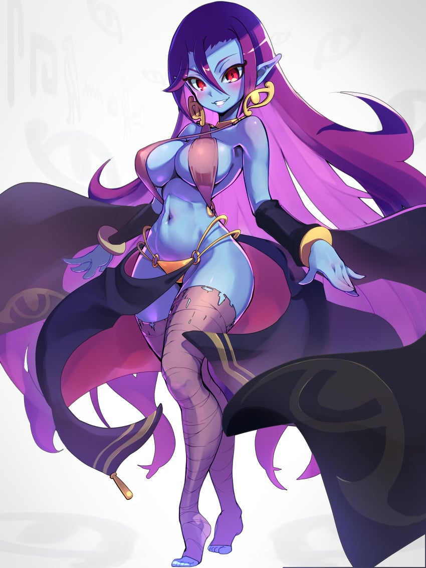 absurdres bandages blue_skin blush breasts colored_skin earrings highres jewelry large_breasts life_is_pi long_hair looking_at_viewer momochi_momotan pointy_ears purple_hair red_eyes revealing_clothes seer_dance_shantae shantae shantae_and_the_seven_sirens smile