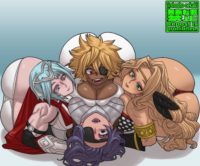 4girls amalia_(unicorn_overlord) amazon_(dragon's_crown) bed blonde_hair blue_hair character_request copyright_request dagr_(fire_emblem) dark-skinned_female dark_skin debonair_diamond dragon's_crown eyepatch female female_only fire_emblem huge_ass laying_on_back light-skinned_female multiple_girls shosho_oekaki the_hunters_guild:_red_hood unicorn_overlord