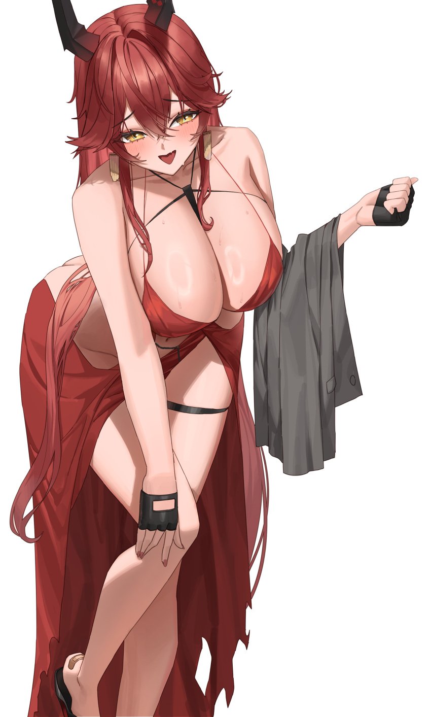 absurdres black_gloves blush breasts cleavage crossed_bangs dress evening_gown female fingerless_gloves gloves goddess_of_victory:_nikke hair_between_eyes hand_up highres large_breasts leaning_forward long_hair looking_at_viewer official_alternate_costume open_mouth red_dress red_hair red_hood_(nikke) red_hood_(nonsense_red)_(nikke) simple_background smile solo tachibana-san white_background