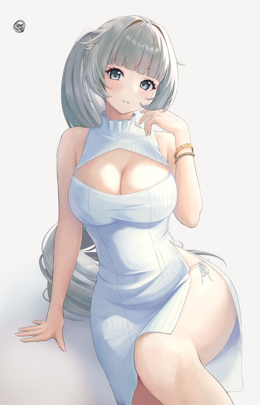 1girls absurdres azur_lane bare_shoulders breasts commission dress female female_only grey_eyes grey_hair highres ks2_(amano_kusatsu/ks2rain) light-skinned_female light_blush light_skin light_smile long_hair looking_at_viewer open_mouth panties sardegna_empire_(azur_lane) simple_background sitting skeb_commission solo thighs underwear vittorio_veneto_(azur_lane) white_background white_dress white_panties