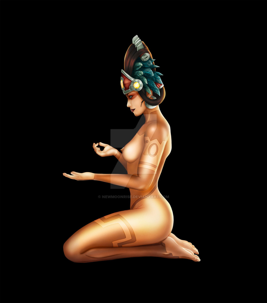 1girls awilix_(smite) goddess hi-rez_studios kneeling light-skinned_female light_skin mayan_mythology mesoamerican_mythology mythology nude pinup smite solo tattoo watermark